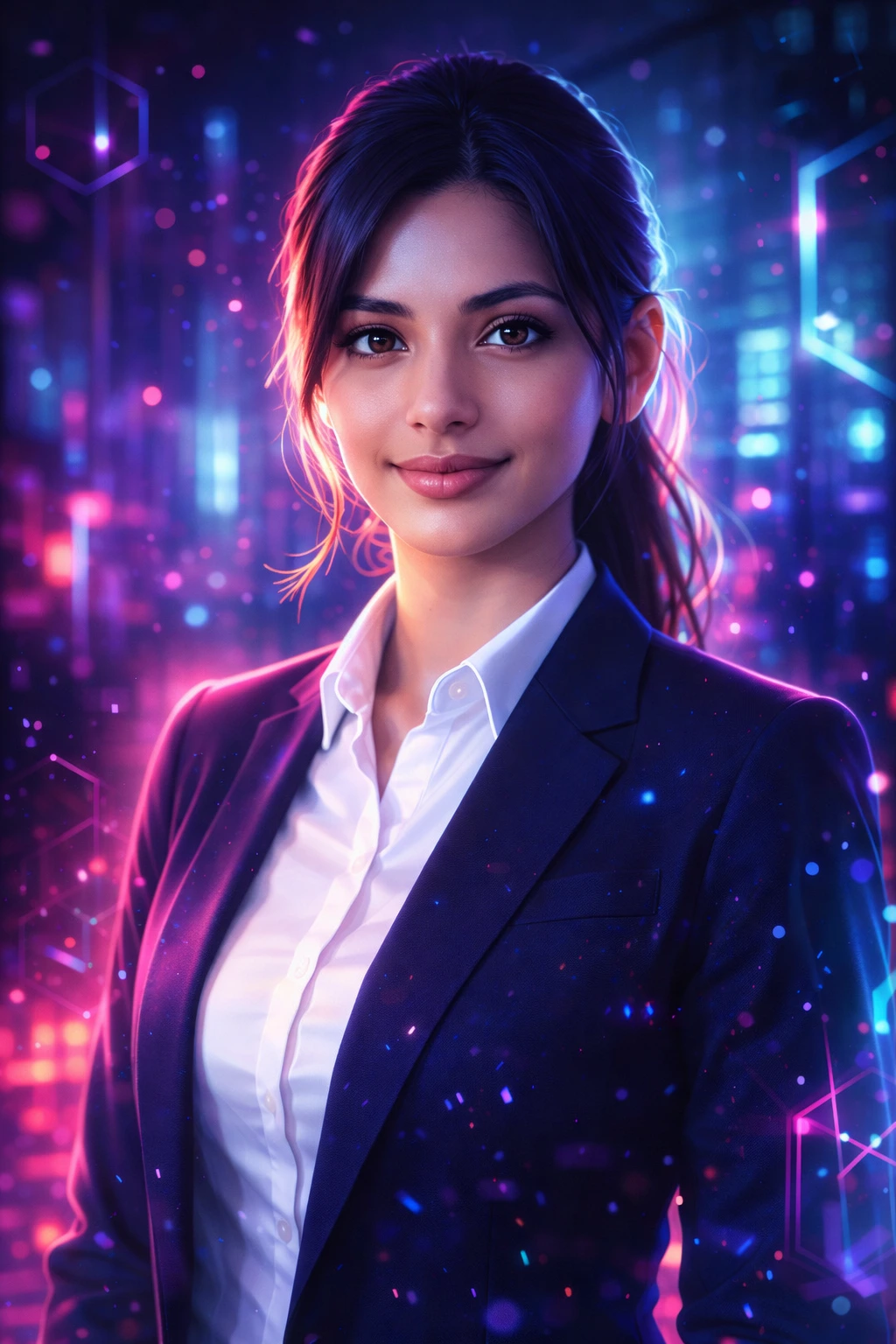futuristic professional woman cyber fantasy business aesthetic neo futuristic digital art corporate cyberpunk style AI generated portrait cinematic neon lighting holographic background